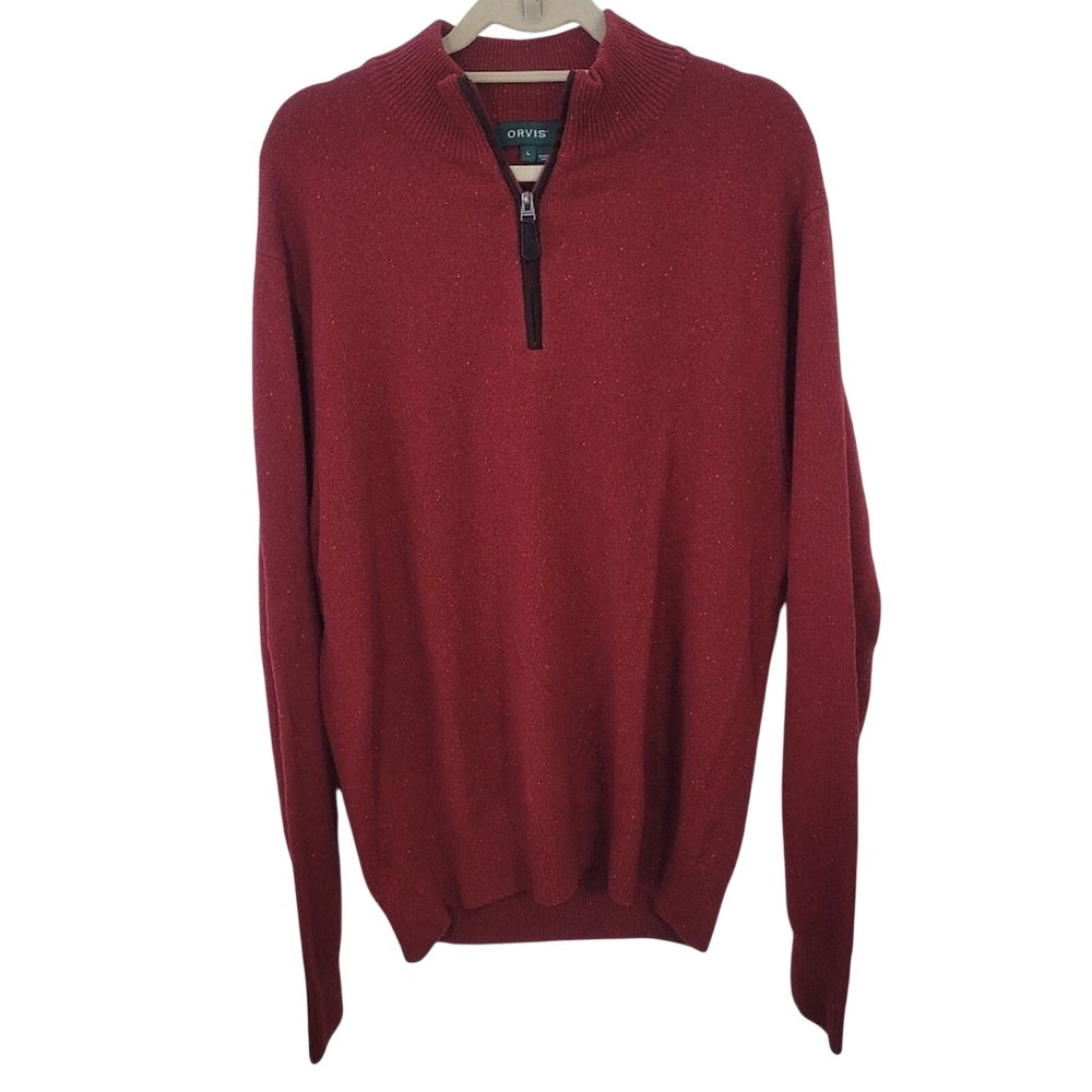 Orvis Mens Red 100% Wool Donegal Fleck Quarter Zip Sweater Large Mock Neck‎